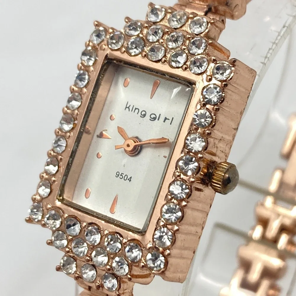 King Girl Tank Watch Women 19mm Rose Gold Tone Crystals Leaf Bling New Battery